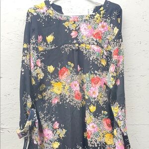 Zac & Rachel Black Floral Boatneck Tunic with Pink and Yellow Blooms